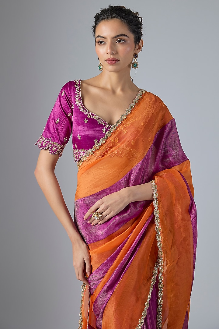 Magenta & Orange Organza Aari Embroidered Wedding Saree Set by Masumi Mewawalla at Pernia's Pop Up Shop