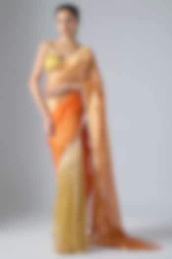 Yellow & Orange Tissue Aari Embroidered Wedding Saree Set by Masumi Mewawalla at Pernia's Pop Up Shop
