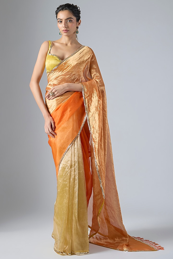 Yellow & Orange Tissue Aari Embroidered Wedding Saree Set by Masumi Mewawalla at Pernia's Pop Up Shop