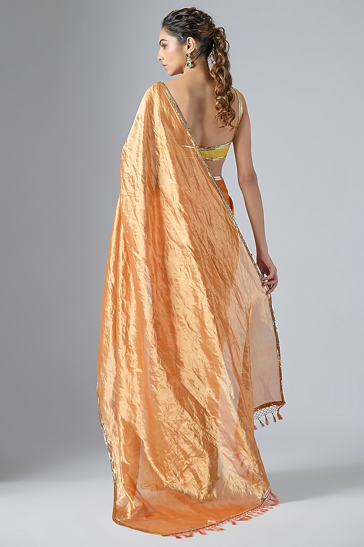 Yellow & Orange Tissue Aari Embroidered Wedding Saree Set by Masumi Mewawalla at Pernia's Pop Up Shop