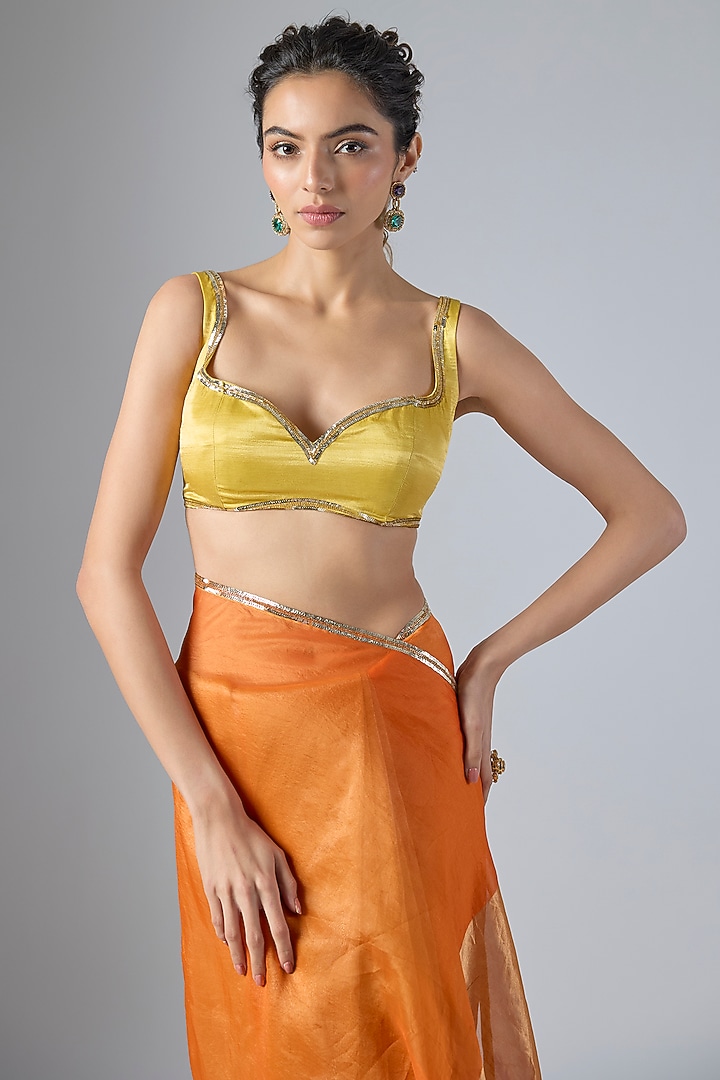 Yellow & Orange Tissue Aari Embroidered Wedding Saree Set by Masumi Mewawalla at Pernia's Pop Up Shop
