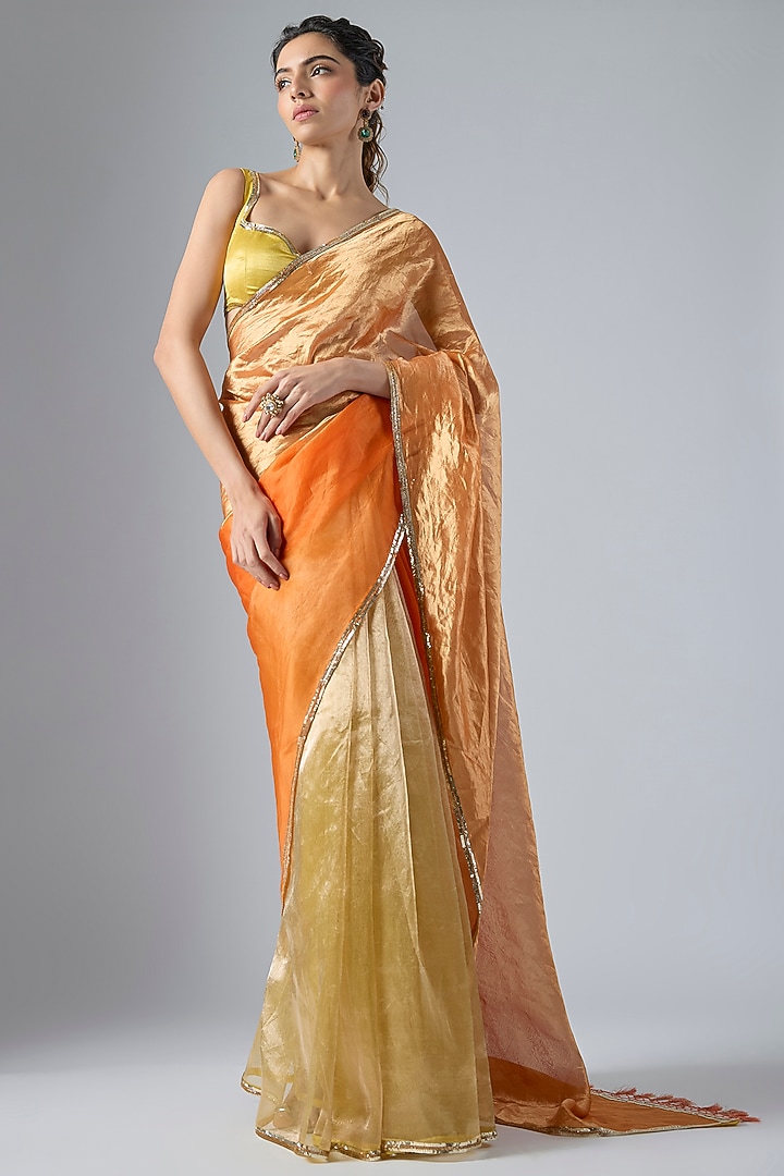 Yellow & Orange Tissue Aari Embroidered Wedding Saree Set by Masumi Mewawalla at Pernia's Pop Up Shop