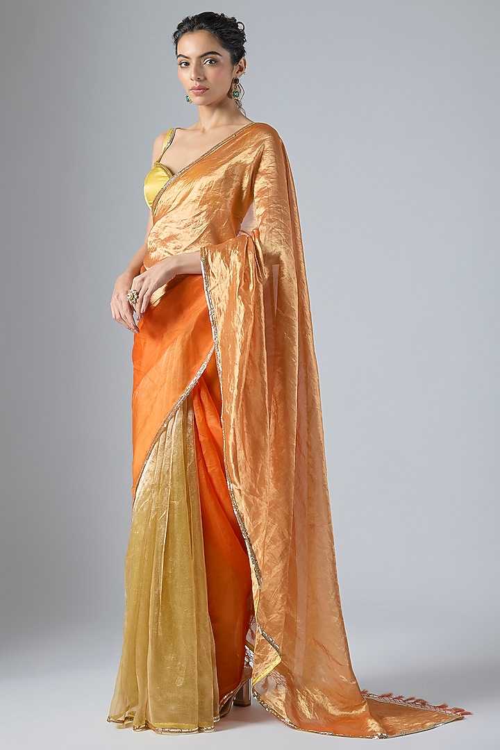 Yellow & Orange Tissue Aari Embroidered Wedding Saree Set by Masumi Mewawalla at Pernia's Pop Up Shop