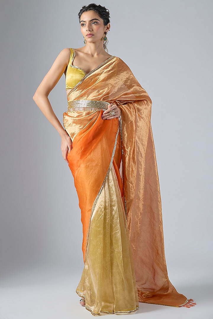 Yellow & Orange Tissue Aari Embroidered Wedding Saree Set by Masumi Mewawalla at Pernia's Pop Up Shop