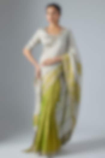Silver & Lime Green Handwoven Jacquard Tissue Zardosi Work Reception Saree Set by Masumi Mewawalla at Pernia's Pop Up Shop