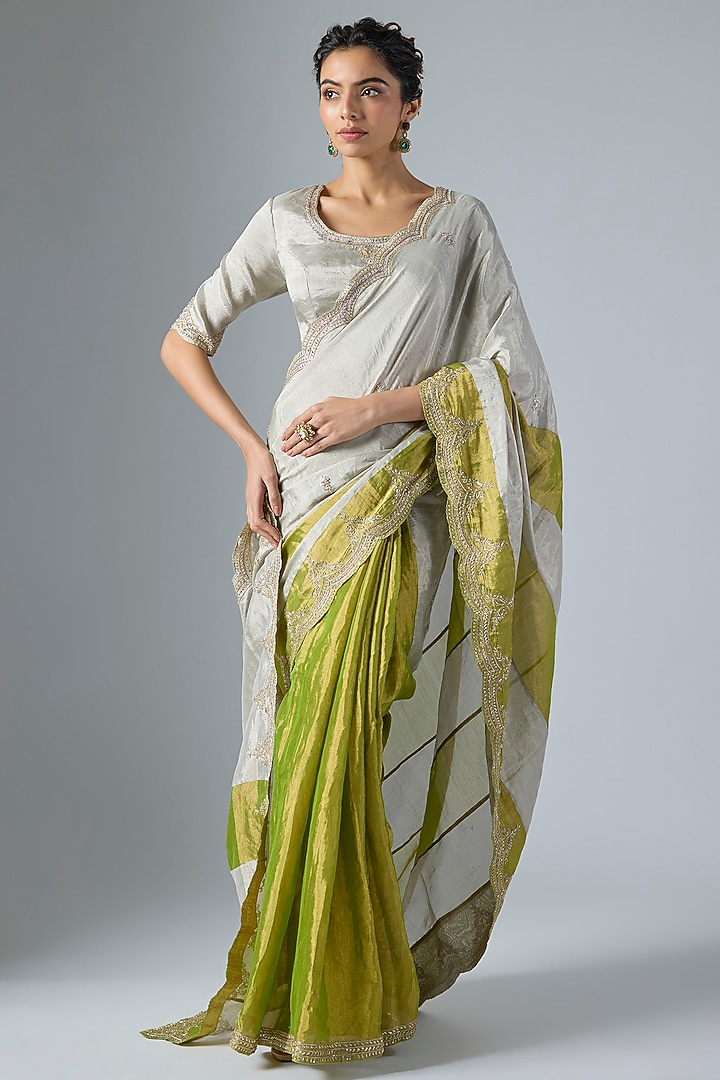 Silver & Lime Green Handwoven Jacquard Tissue Zardosi Work Reception Saree Set by Masumi Mewawalla at Pernia's Pop Up Shop