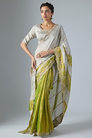 Silver & Lime Green Handwoven Jacquard Tissue Zardosi Work Saree Set by Masumi Mewawalla