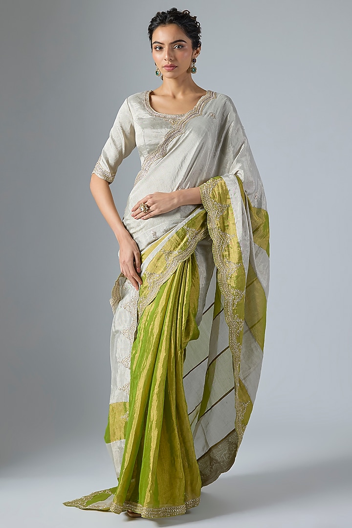 Silver & Lime Green Handwoven Jacquard Tissue Zardosi Work Reception Saree Set by Masumi Mewawalla at Pernia's Pop Up Shop
