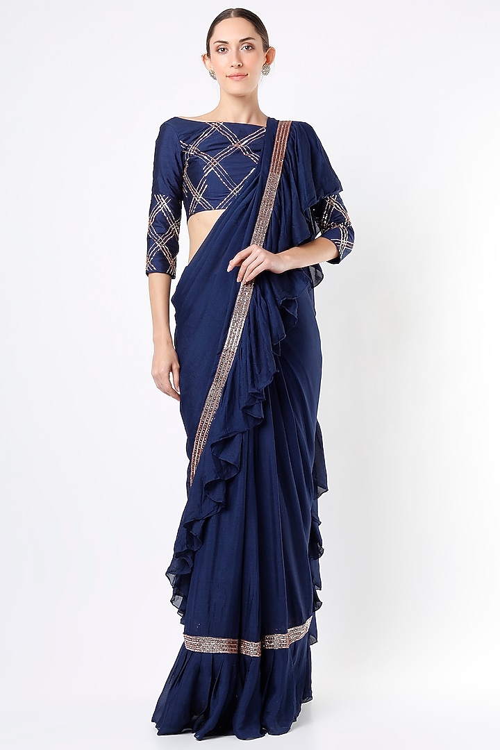 Navy Blue Crepe Ruffled Wedding Saree Set by MASUMI MEWAWALLA at Pernia's Pop Up Shop