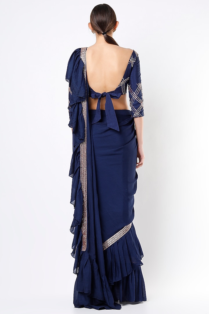 Navy Blue Crepe Ruffled Wedding Saree Set by MASUMI MEWAWALLA at Pernia's Pop Up Shop