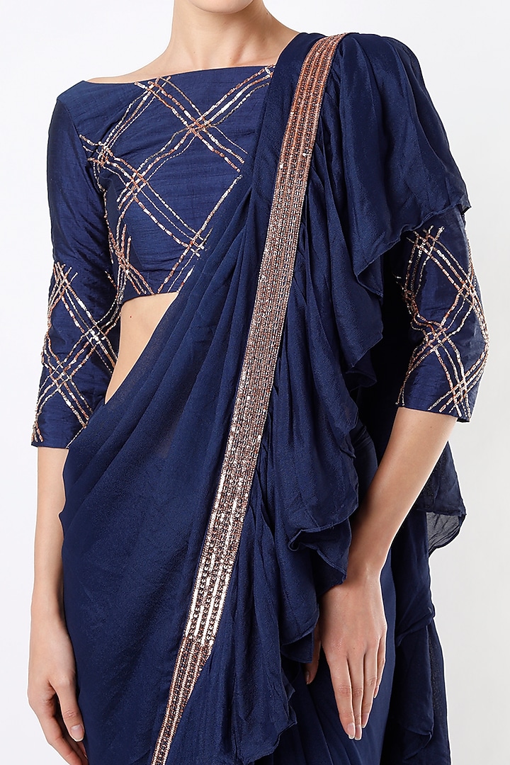 Navy Blue Crepe Ruffled Wedding Saree Set by MASUMI MEWAWALLA at Pernia's Pop Up Shop