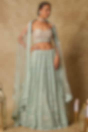 Mint Green Tulle Embroidered Bridal Lehenga Set by MASUMI MEWAWALLA at Pernia's Pop Up Shop