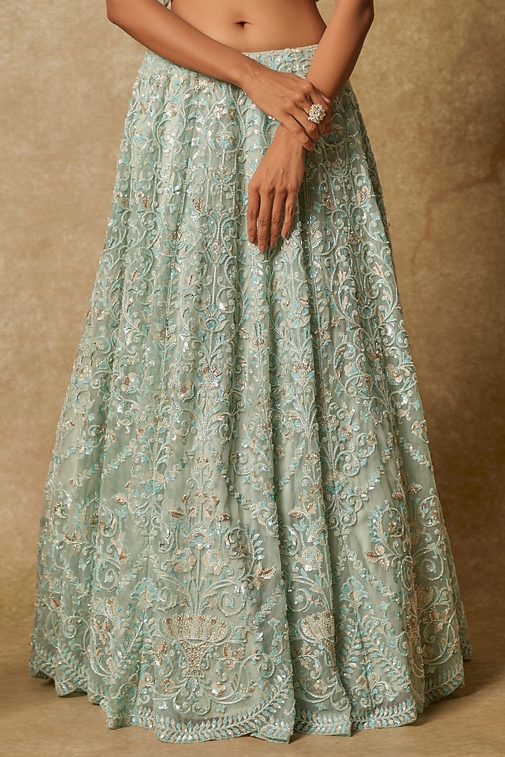 Mint Green Tulle Embroidered Bridal Lehenga Set by MASUMI MEWAWALLA at Pernia's Pop Up Shop