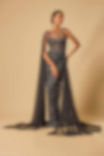 Black Gajji & Tulle Embroidered Draped Gown by MASUMI MEWAWALLA at Pernia's Pop Up Shop
