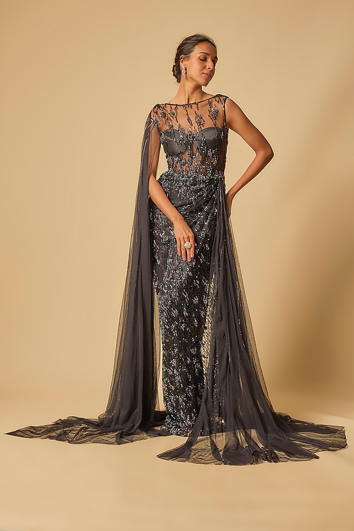Black Gajji & Tulle Embroidered Draped Gown by MASUMI MEWAWALLA at Pernia's Pop Up Shop