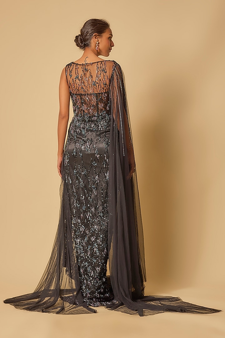 Black Gajji & Tulle Embroidered Draped Engagement Gown by MASUMI MEWAWALLA at Pernia's Pop Up Shop