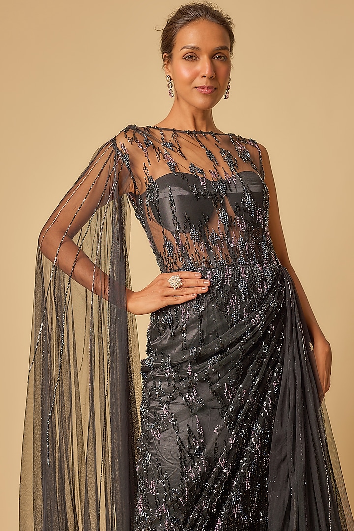 Black Gajji & Tulle Embroidered Draped Engagement Gown by MASUMI MEWAWALLA at Pernia's Pop Up Shop