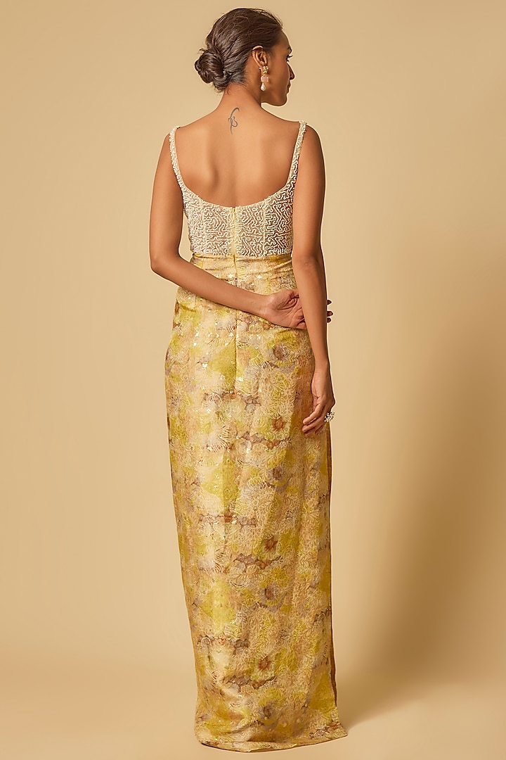 Beige Brocade Printed & Embroidered Draped Engagement Gown by MASUMI MEWAWALLA at Pernia's Pop Up Shop
