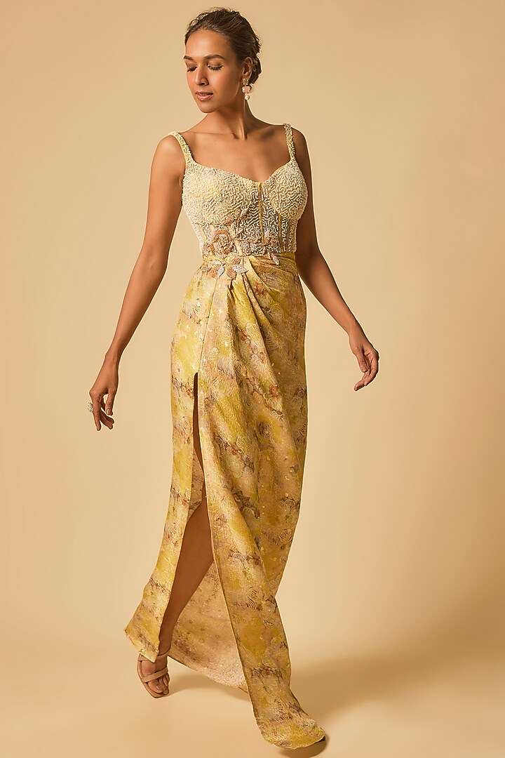 Beige Brocade Printed & Embroidered Draped Engagement Gown by MASUMI MEWAWALLA at Pernia's Pop Up Shop