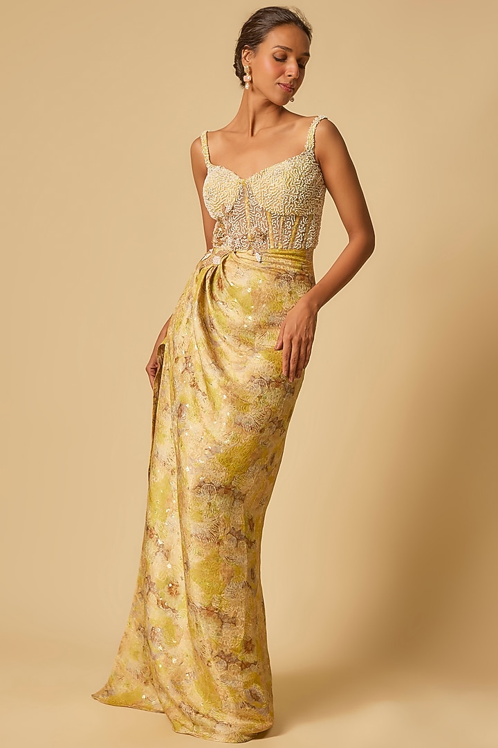 Beige Brocade Printed & Embroidered Draped Engagement Gown by MASUMI MEWAWALLA at Pernia's Pop Up Shop