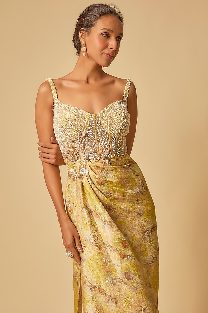 Beige Brocade Printed & Embroidered Draped Engagement Gown by MASUMI MEWAWALLA at Pernia's Pop Up Shop