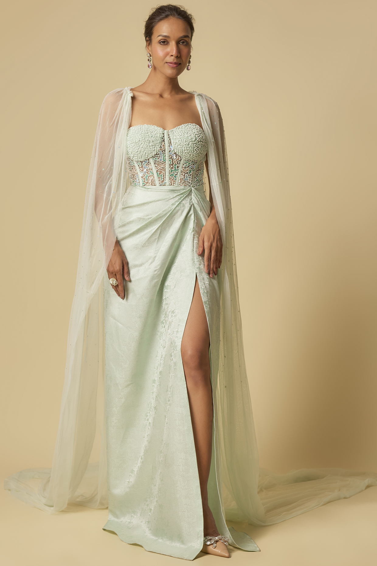 Mint Brocade Embroidered Corset Engagement Gown With Cape by MASUMI MEWAWALLA at Pernia's Pop Up Shop
