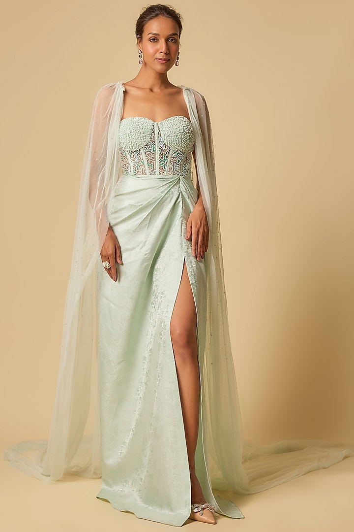 Mint Brocade Embroidered Corset Engagement Gown With Cape by MASUMI MEWAWALLA at Pernia's Pop Up Shop