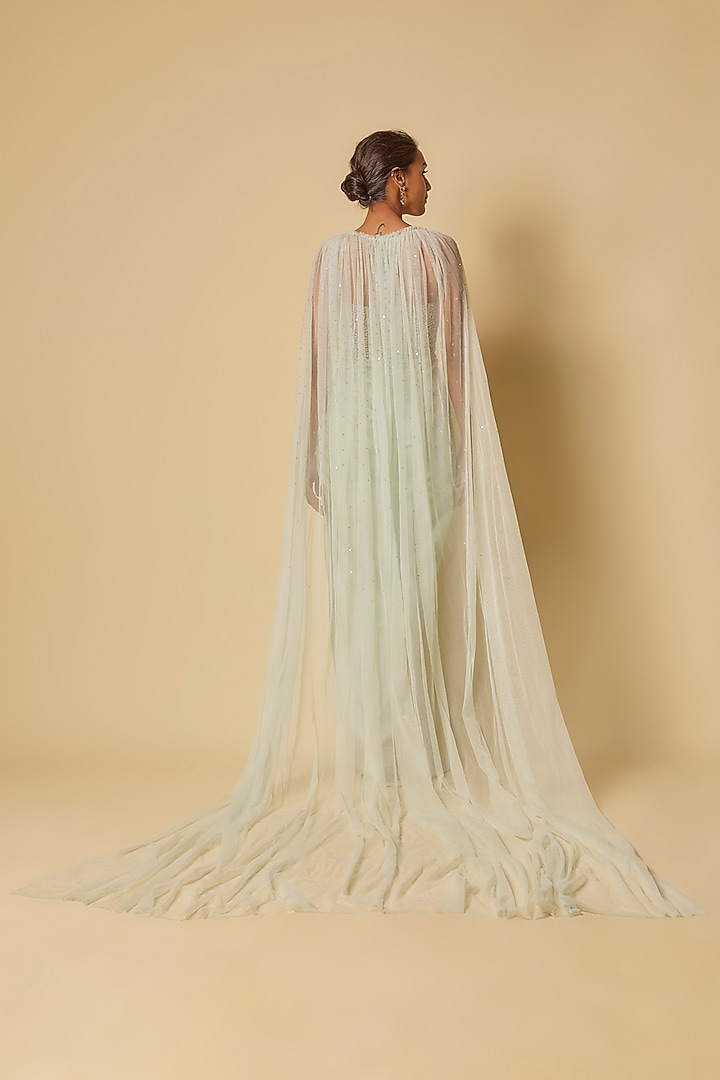 Mint Brocade Embroidered Corset Engagement Gown With Cape by MASUMI MEWAWALLA at Pernia's Pop Up Shop