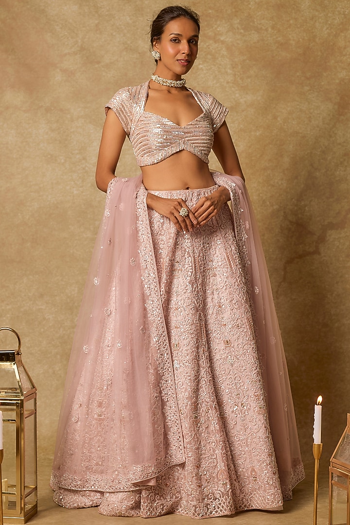 Dusty Pink Tulle Embroidered Bridal Lehenga Set by MASUMI MEWAWALLA at Pernia's Pop Up Shop