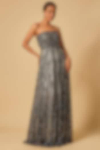 Black & Silver Tulle Embroidered Corset Gown by MASUMI MEWAWALLA at Pernia's Pop Up Shop