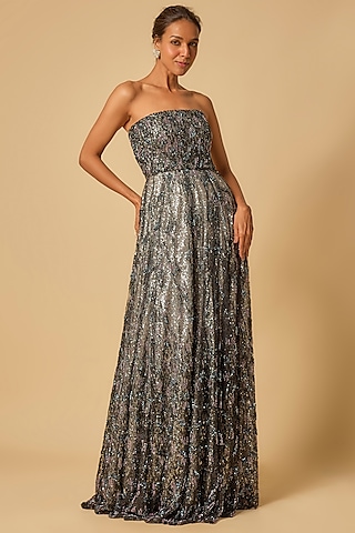 Black & Silver Tulle Embroidered Corset Gown by MASUMI MEWAWALLA
