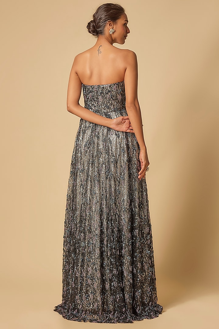 Black & Silver Tulle Embroidered Corset Engagement Gown by MASUMI MEWAWALLA at Pernia's Pop Up Shop