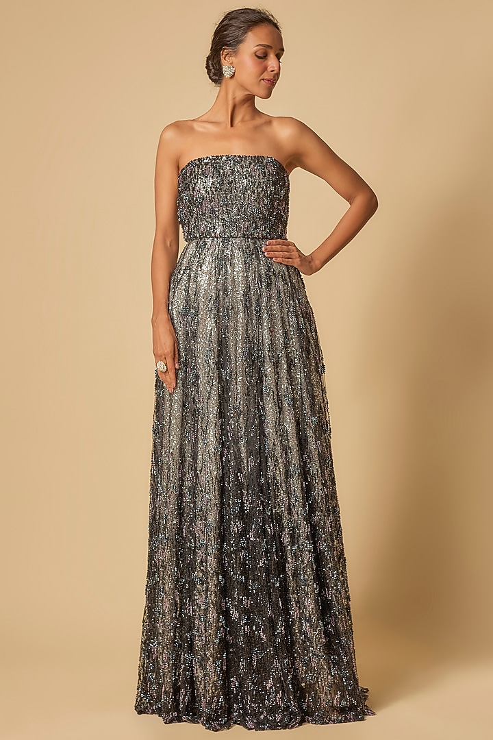 Black & Silver Tulle Embroidered Corset Engagement Gown by MASUMI MEWAWALLA at Pernia's Pop Up Shop