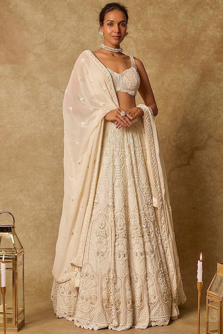 Butter Yellow Georgette Embroidered Bridal Lehenga Set by MASUMI MEWAWALLA at Pernia's Pop Up Shop