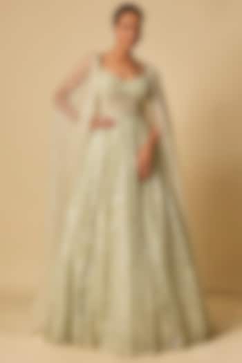 Sage Green Tulle & Paper Tissue Embroidered Gown With Cape by MASUMI MEWAWALLA at Pernia's Pop Up Shop