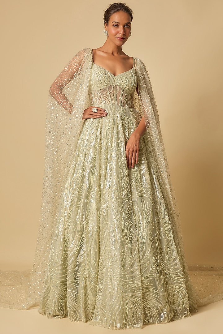 Sage Green Tulle & Paper Tissue Embroidered Gown With Cape by MASUMI MEWAWALLA at Pernia's Pop Up Shop