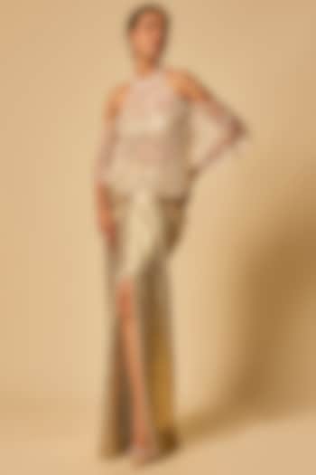 Gold Metallic Lycra Draped Skirt Set by MASUMI MEWAWALLA at Pernia's Pop Up Shop