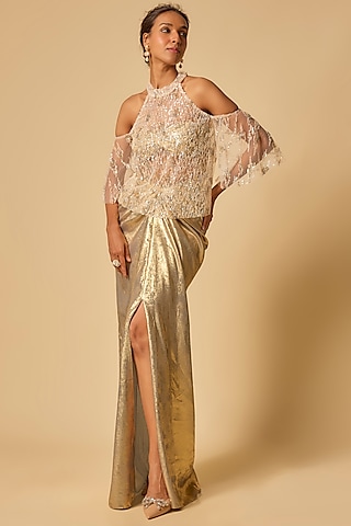 Gold Metallic Lycra Draped Skirt Set by MASUMI MEWAWALLA