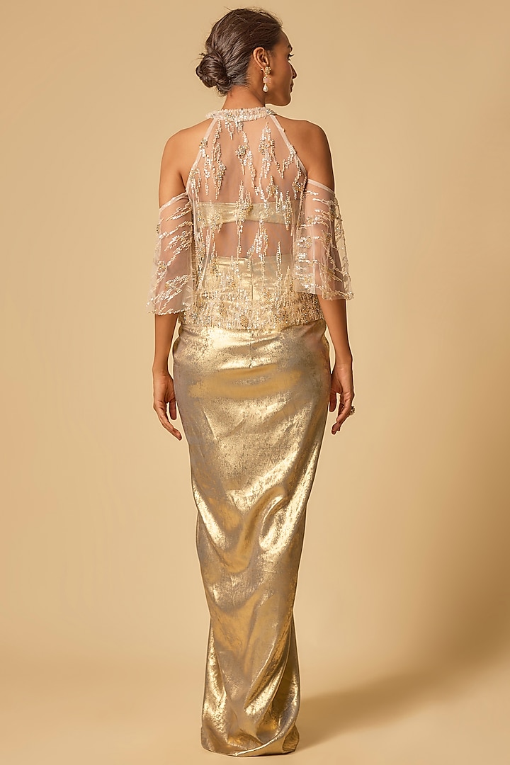 Gold Metallic Lycra Draped Skirt Set by MASUMI MEWAWALLA at Pernia's Pop Up Shop