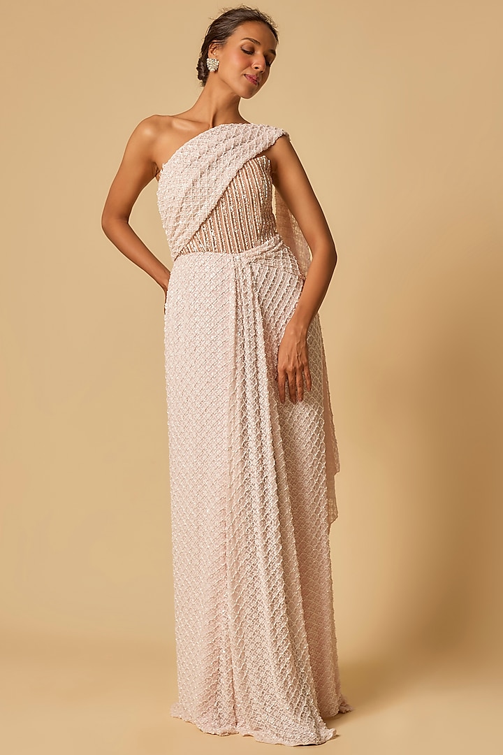 Baby Pink Georgette & Mashru Embroidered Corset Wedding Gown Saree by MASUMI MEWAWALLA at Pernia's Pop Up Shop