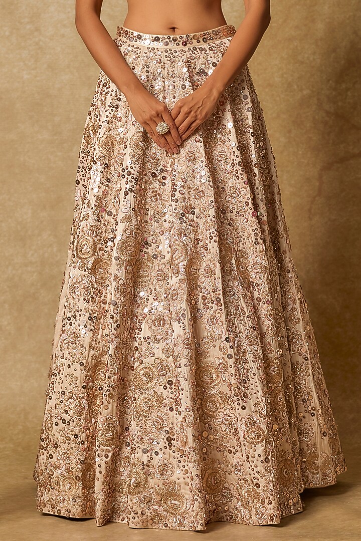 Beige Mashru Silk Embroidered Bridal Lehenga Set by MASUMI MEWAWALLA at Pernia's Pop Up Shop