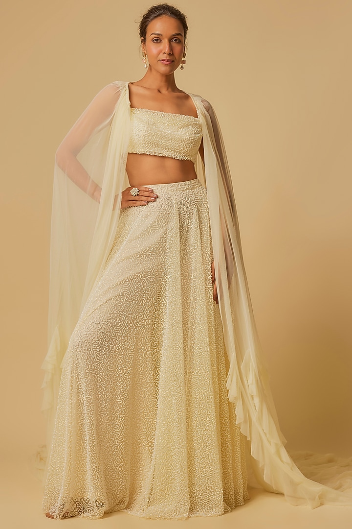 Yellow Tulle Embroidered Gharara Set by MASUMI MEWAWALLA at Pernia's Pop Up Shop