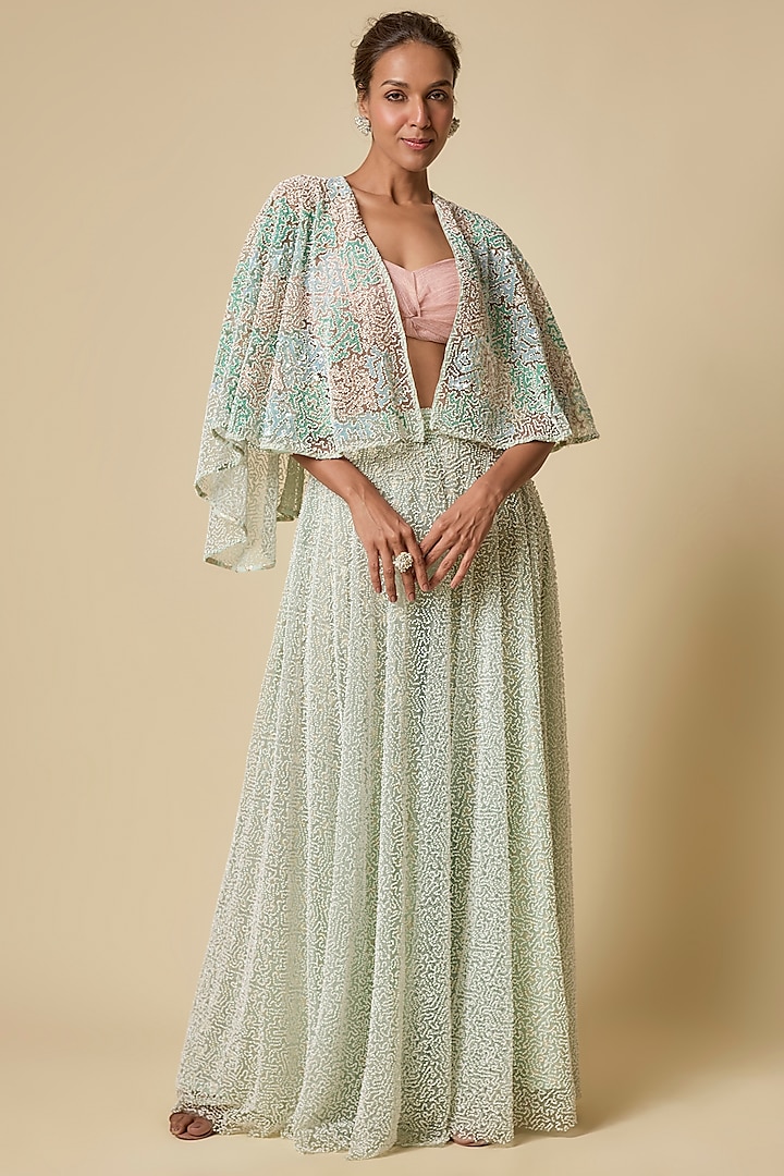 Mint Green Tulle Gharara Set by MASUMI MEWAWALLA at Pernia's Pop Up Shop