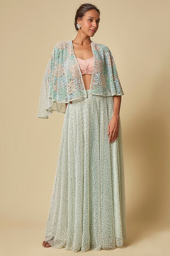 Mint Green Tulle Gharara Set by MASUMI MEWAWALLA at Pernia's Pop Up Shop