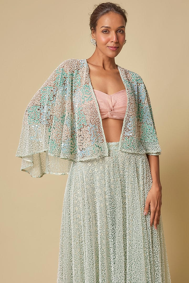 Mint Green Tulle Gharara Set by MASUMI MEWAWALLA at Pernia's Pop Up Shop