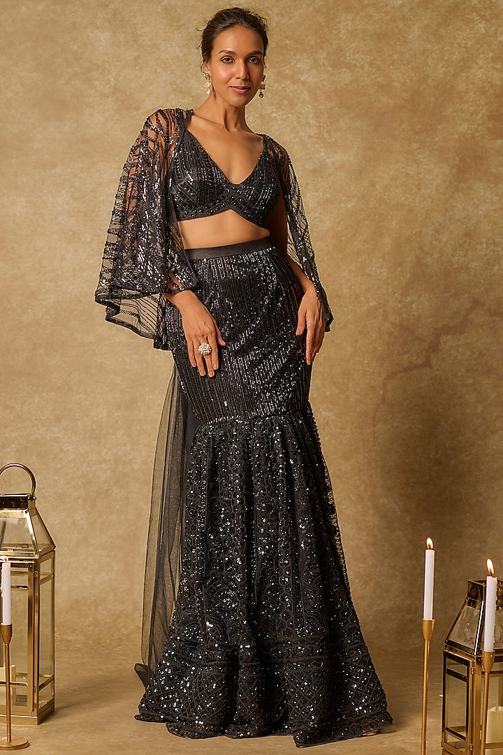 Black Tulle & Mashru Silk Embroidered Mermaid Skirt Set by MASUMI MEWAWALLA at Pernia's Pop Up Shop