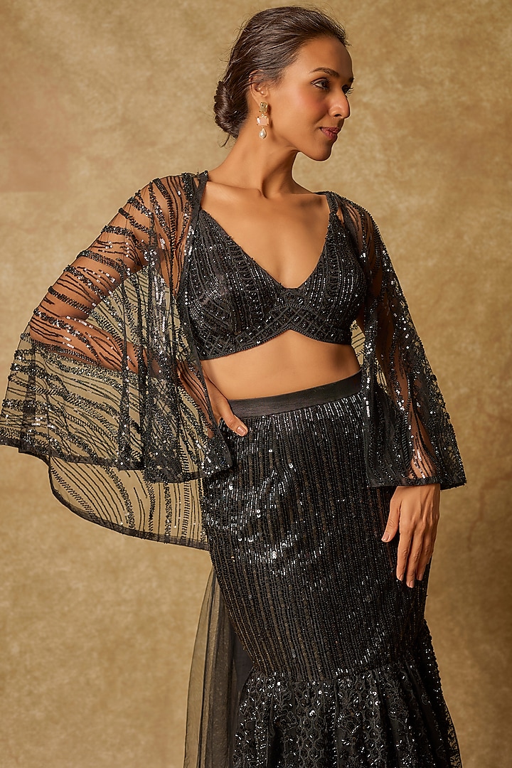 Black Tulle & Mashru Silk Embroidered Mermaid Skirt Set by MASUMI MEWAWALLA at Pernia's Pop Up Shop