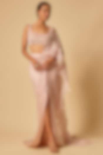 Pink Tulle Embroidered Pre-Stitched Wedding Saree Set by MASUMI MEWAWALLA at Pernia's Pop Up Shop