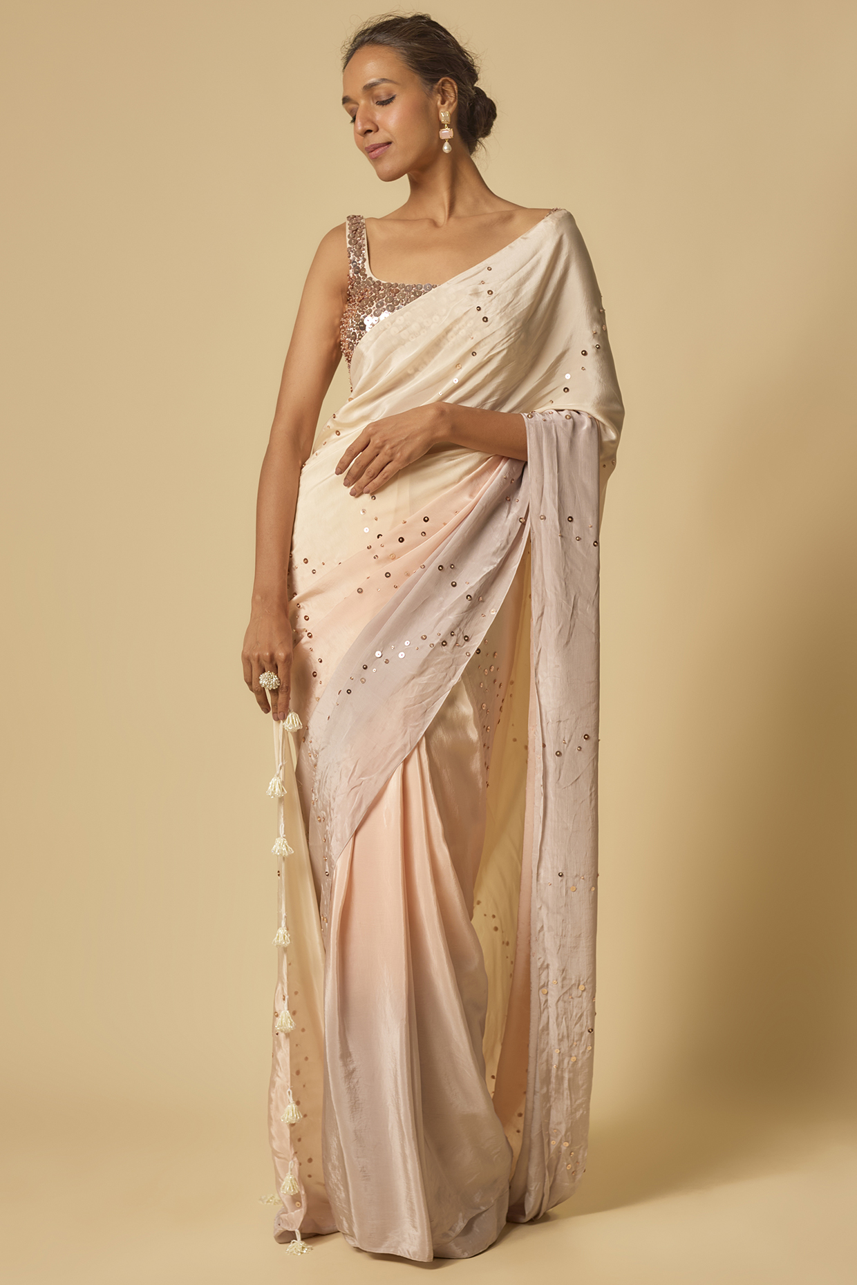 Beige & Lilac Ombre Natural Crepe Embroidered Pre-Stitched Wedding Saree Set by MASUMI MEWAWALLA at Pernia's Pop Up Shop
