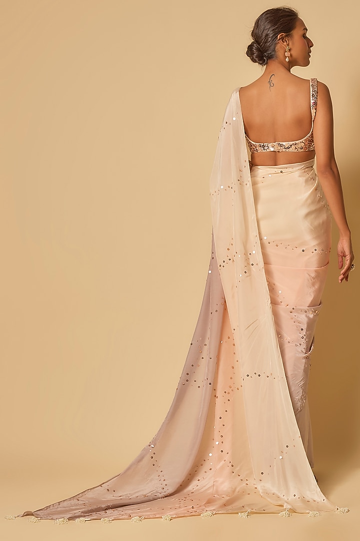 Beige & Lilac Ombre Natural Crepe Embroidered Pre-Stitched Wedding Saree Set by MASUMI MEWAWALLA at Pernia's Pop Up Shop